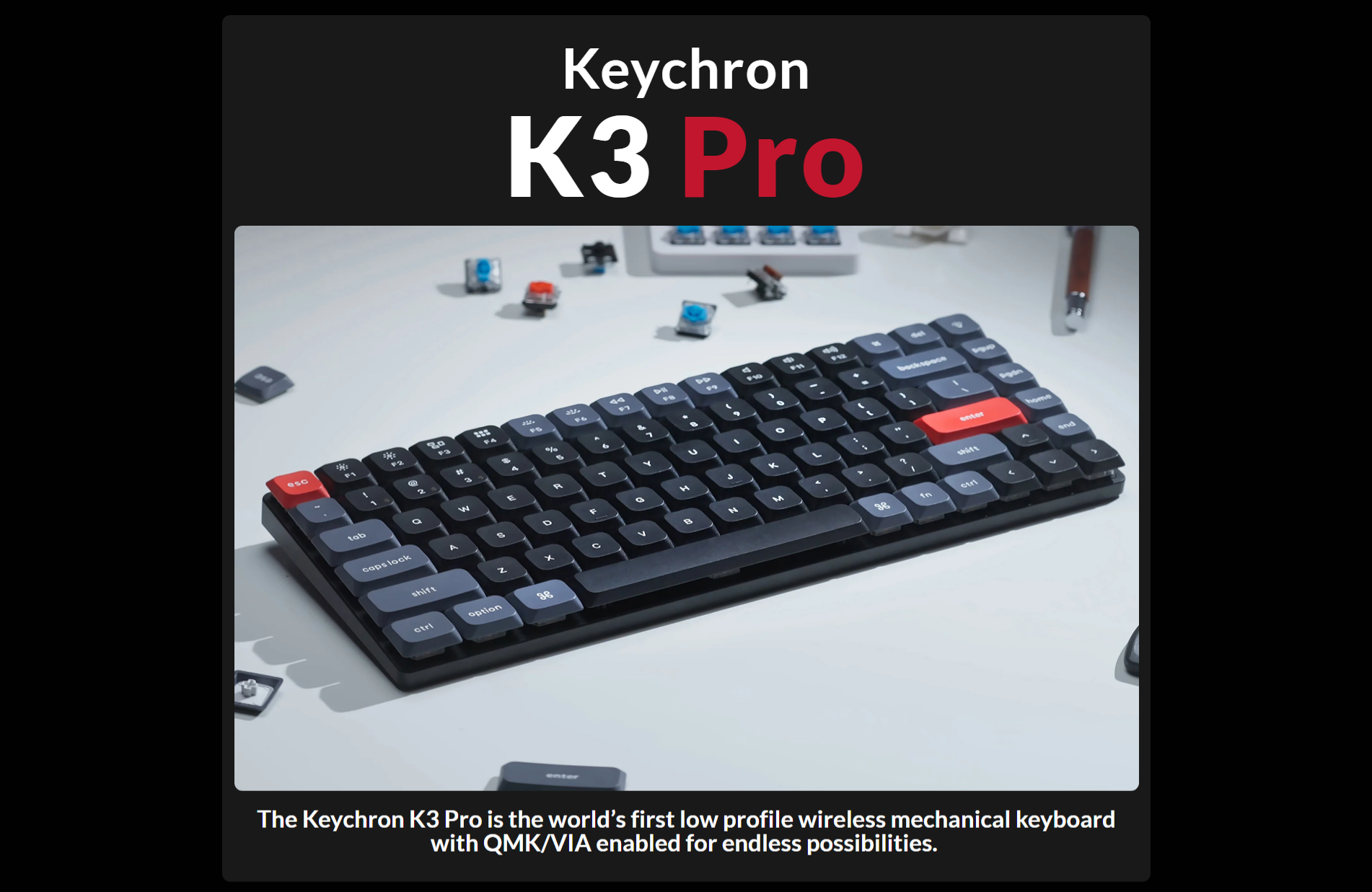 A large marketing image providing additional information about the product Keychron K3 Pro QMK/VIA RGB Low Profile Hot-Swappable 75% Wireless Mechanical Keyboard - Black (Red Switch) - Additional alt info not provided